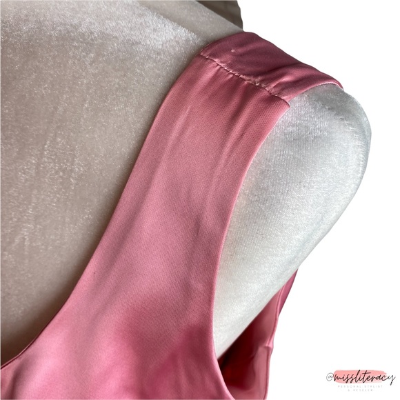 Vintage 1960’s Handsewn Homemade Pink Plunge Satin Sleeveless Midi Dress [Sz 12] - Picture 12 of 16